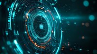 Futuristic circular interface with glowing turquoise and orange elements against dark background, digital technology concept with radial HUD display and light effects.