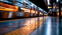 Motion blur of subway train passing through station platform with dramatic orange and blue light trails reflecting on floor, creating dynamic urban atmosphere.