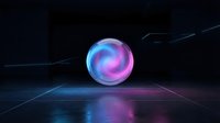 Glowing neon sphere with swirling blue and pink energy vortex on dark background, suitable for sci-fi, technology, and digital design projects.