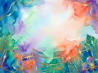Watercolor background with vibrant rainbow gradient, gold leaf botanical elements, and gift boxes. Suitable for greeting cards, invitations, and festive designs.