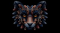 Mystical wolf head with ornate decorative elements in dark blue and copper tones against black background, featuring intricate dot patterns and stylized features.