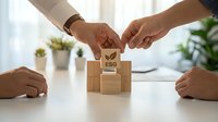 Business team collaborating on ESG environmental social governance strategy with wooden blocks in modern office setting for sustainable corporate planning.
