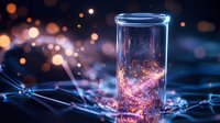 Glowing magical particles swirling inside glass test tube on dark background with bokeh lights and connected dots network pattern creating scientific atmosphere.