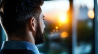 Young businessman with beard looking at sunset through office window, contemplating future opportunities in corporate environment.