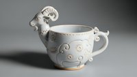 White ceramic teacup with decorative ram head handle and ornate floral patterns, handcrafted pottery for tea service and home decor on neutral background.