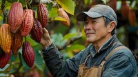 Asian male farmer inspecting ripe cacao pods growing on tree, wearing cap and work apron. Sustainable agriculture and chocolate production concept.
