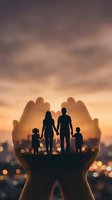 Family silhouettes protected in cupped hands against sunset sky symbolizing care, security and love with city lights bokeh background.