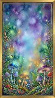 Enchanted forest floor with luminous mushrooms, magical plants, and cosmic galaxy sky filled with stars and nebula clouds in purple, blue, green, and gold tones. Fantasy woodland scene.
