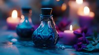 Mystical glass bottle with blue potion against blurred candlelight background, surrounded by purple flowers creating magical atmosphere for spiritual practices.