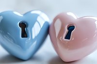 Pink and blue heart-shaped locks with keyholes close together symbolizing romance, relationship connection, and eternal love on soft blurred background.