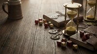 Vintage hourglass with antique books and wax seal stamps on rustic wooden table creating atmospheric still life for historical and educational content.