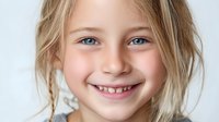 Young blonde girl with blue eyes smiling at camera against light background, showcasing natural childhood joy and innocence.