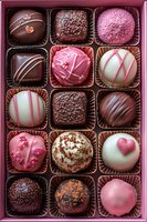 Luxury chocolate truffles and pralines in pink gift box with dark, milk and white chocolate, decorated with hearts and sprinkles, romantic confectionery assortment.