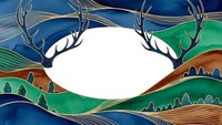 Abstract landscape with deer antlers framing white space, flowing hills in blue and green watercolor style for nature-themed designs and outdoor branding.