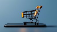 Shopping cart on smartphone screen, minimal composition on blue background illustrating mobile commerce and digital retail technology concept.