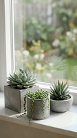 Three small succulents in concrete pots arranged on white windowsill with blurred garden background for modern home decor and indoor plant styling.