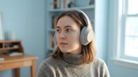 Young woman with shoulder-length brown hair and fair complexion wearing wireless headphones and gray turtleneck sweater in bright, minimalist room with blue walls and wooden furniture.