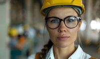 Female engineer with yellow hard hat and glasses in industrial setting, focused expression showing confidence and expertise.