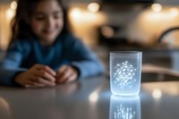 Young Asian woman looking at glowing glass with network pattern visualization on reflective surface in dimly lit environment. Bokeh lights create atmospheric mood.