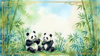Watercolor panda family sitting together in lush bamboo forest with decorative golden frame border for nursery decor and children's room wall art.