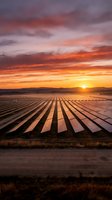 Solar panel array stretching across rural landscape at sunrise, reflecting golden light. Renewable energy farm with dramatic orange and purple sky, ideal for clean energy and sustainability concepts.