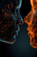 Abstract digital particle waves flowing in blue and orange colors with glowing bokeh effects creating dynamic motion background for technology presentations.