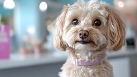 Small fluffy dog with groomed coat wearing purple collar in modern veterinary clinic or pet salon with soft bokeh lighting background.