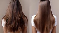 Before and after hair treatment comparison showing transformation from frizzy, wavy brunette hair to smooth, straight, glossy locks. Professional salon result.