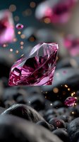 Pink diamond gemstone with faceted cut against dark stones and bokeh lights, creating luxury jewelry atmosphere.