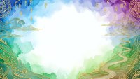 Mystical watercolor frame with golden ornamental elements and cosmic patterns creating ethereal border for spiritual designs and meditation content.