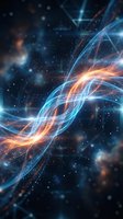 Abstract glowing energy waves with blue and orange light trails flowing through dark space, representing technology, data flow, and digital connectivity for modern design projects.