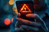 Smartphone displaying glowing red warning triangle hazard symbol on screen, held in hands against blurred bokeh background, perfect for safety alerts concept.