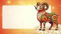Ornate ram with decorative patterns standing on clouds beside blank banner against warm golden background for zodiac and festive design projects.