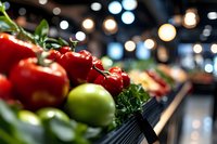 Fresh organic vegetables display at grocery store market with colorful peppers and produce under warm lighting for healthy eating and shopping.