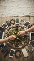 Digital detox concept with hands reaching for natural herbs and stones surrounded by smartphones and cables on rustic wooden table for wellness campaigns.