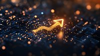 Glowing golden arrow trending upward on digital circuit background with bokeh light effects, symbolizing business growth and technology advancement.