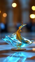 Elegant glass sailboat sculpture with flowing curves in turquoise blue and gold colors, illuminated against blurred warm bokeh background on reflective surface.