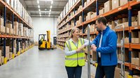 Warehouse managers discussing logistics operations in modern distribution center with shelving systems and forklift equipment.
