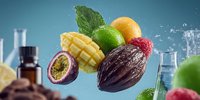Fresh tropical fruits floating in water splash against blue background with laboratory glassware, showcasing exotic flavors for food science research.