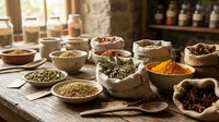 Assorted spices and herbs in wooden bowls and burlap sacks on rustic kitchen table for cooking and seasoning culinary ingredients collection.