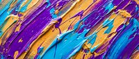 Vibrant abstract paint strokes in purple, orange and turquoise creating dynamic textured surface for modern artistic backgrounds and creative projects.