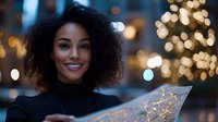 Young African American woman with natural curly hair smiling while holding map outdoors at night, festive bokeh lights and Christmas decorations in background.