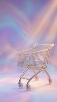 Golden shopping cart on dreamy purple pink gradient background for retail commerce marketing and online store promotional campaigns.