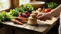 Fresh organic vegetables on rustic wooden cutting board with hands using natural brush for cleaning produce in warm sunlit kitchen setting.