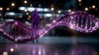 Glowing purple DNA helix structure with human silhouette and sparkly particles against blurred bokeh background shows genetic research and medical science concept.