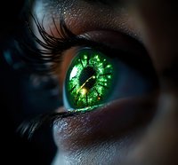 Macro shot of bright green eye with glowing clock pattern reflection in pupil, long eyelashes and dramatic lighting creating mystical fantasy effect.