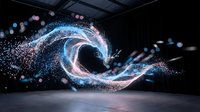 Glowing swirling energy wave with blue and pink particles flowing through dark space, creating dynamic motion and light effects for digital backgrounds and visual effects projects.