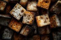 Rustic toasted bread cubes with crispy golden-brown crust and airy texture, macro food photography showing detailed crumb structure and rich warm tones.