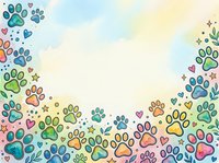 Colorful paw prints and hearts scattered across soft watercolor background with stars and botanical elements, isolated on white space for pet-related designs, greeting cards, and animal-themed projects.