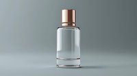 Clear glass perfume bottle with rose gold metallic cap on gray background, minimalist luxury cosmetic packaging design for fragrance and beauty products.